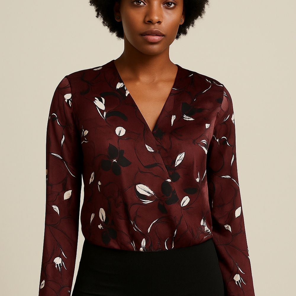 SFW Maroon Floral Long Sleeve Bodysuit Blouse – Size M